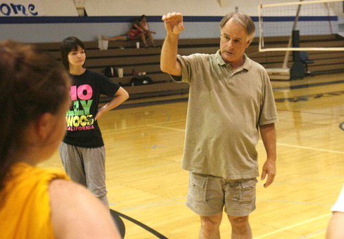 Rick Egan   |  The Salt Lake Tribune

Tom Hubbard instructs his team at practice, Monday, August 15, 2011. Hubbard used to coach at Christian Heritage, but is now the new girl's volleyball coach at Concordia (The old salt lake Lutheran).