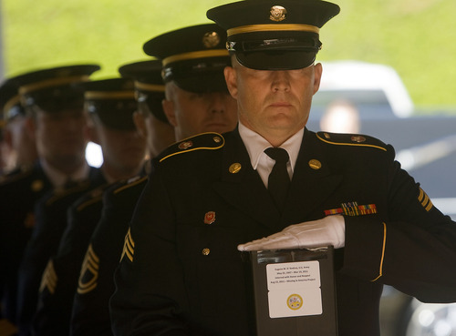 Al Hartmann  |  The Salt Lake Tribune
The Missing in America Project conducted its first mission in the State of Utah by honoring fifteen veterans whose remains have been in the care of Deseret Mortuary in Salt Lake City, UT, yet remained unclaimed.   Representatives from branches of the armed forces  take cremated remains from hearse to a ceremony and eventual burial at Veterans Memorial Park.