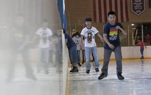 Margaret Distler  |  The Salt Lake Tribune 
Rex Lin ice skates at the South Davis Recreation Center recently.
Lin and 47 other Chinese high schoolers from Shuang Liu Experimental School, which is in Chengdu located in the Sichuan province, are spending three weeks in Salt Lake City. In the morning, the students attend English classes and they participate in various activities, such as ice skating, during the afternoon.