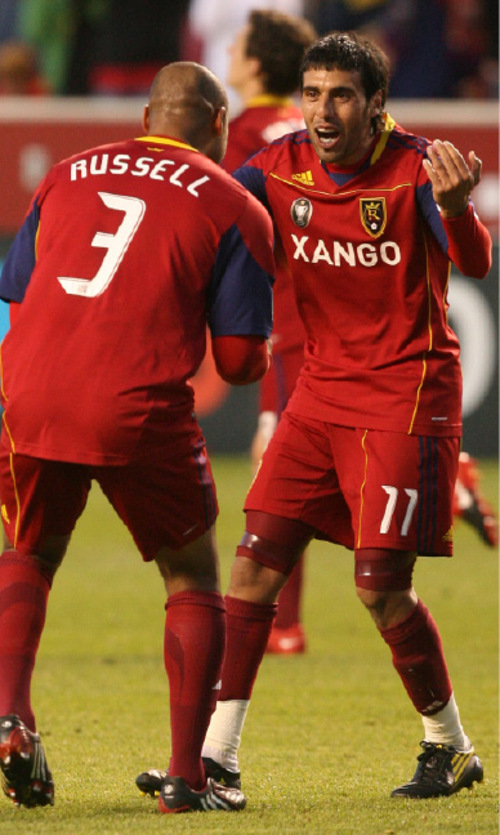 Photo by Leah Hogsten  |  The Salt Lake Tribune
Real Salt Lake's Javier Morales celebrates Robbie Russell's goal in the second half. RSL defeated the Kansas City Wizards 4-1 at Rio Tinto Stadium on May 29.
