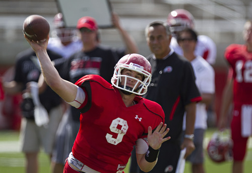 Lennie Mahler  |  The Salt Lake Tribune
Utah quarterback Jon Hays throws a pass during practice Monday, Aug. 15, 2011, at Rice-Eccles Stadium.