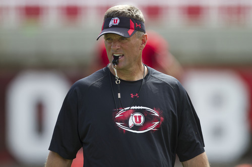 Lennie Mahler  |  The Salt Lake Tribune
Utah head coach Kyle Whittingham watches a play during football practice Monday, Aug. 15, 2011, at Rice-Eccles Stadium.