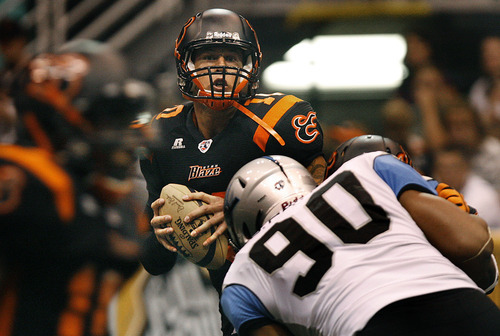 Scott Sommerdorf  |  The Salt Lake Tribune
Blaze QB Tommy Grady scans the field for a receiver during the first half as the Utah Blaze host the Kansas City Command in Salt Lake City, Friday, June 24, 2011.