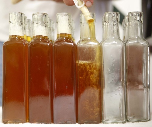 Trent Nelson  |  The Salt Lake Tribune
Bottles are filled with honey vinegar at the Slide Ridge farm in Mendon. The honey wine vinegar is getting lots of praise from local experts, who say it's one of the best food products being made in Utah.