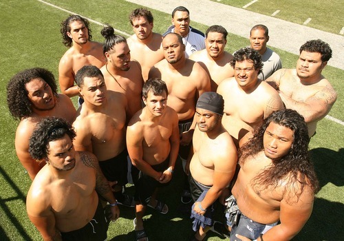 Leah Hogsten  |  The Salt Lake Tribune
In the past few years, the Utah State football program has been successful at landing Polynesian players, particularly recruits from Utah high schools. The Polynesian players' camaraderie is striking: They do everything together, including posing for a photo without shirts on after a long, hot day of practice.