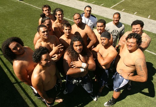 Leah Hogsten  |  The Salt Lake Tribune
In the past few years, the Utah State football program has been successful at landing Polynesian players, particularly recruits from Utah high schools. The Polynesian players' camaraderie is striking: They do everything together, including posing for a photo without shirts on after a long, hot day of practice.