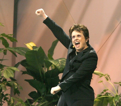 Paul Fraughton  |  The Salt Lake Tribune.Tennis great Billie Jean King stirs up the crowd at the USANA Convention at Energy Solutions Arena on Thursday  August 25, 2011