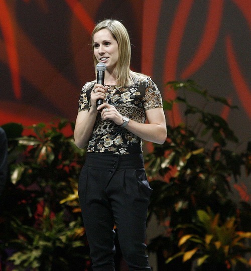 Paul Fraughton  |  The Salt Lake Tribune Canadian mogul skier Jennifer Heil talks to the crowd at the USNA Convention at Energy Solutions Arena Thursday  August 25, 2011