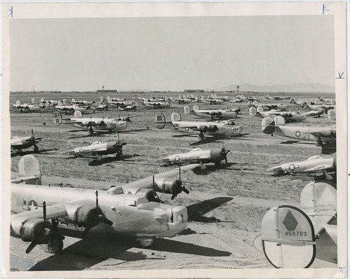 Salt Lake Tribune file photo

Bombers and fighters fill an empty field at Hill Air Force Base, then called Hill Field,  in 1945.