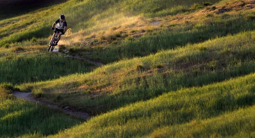 Tribune file photo
As the sun sets, a biker zips along a section of the Bonneville Shoreline Trail behind the Universitry of Utah.
