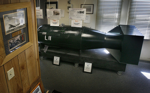 Scott Sommerdorf  |  The Salt Lake Tribune
A replica of the Little Boy atomic boms is on display at the Wendover Airfield Museum. The museum gave a tour of the secret World War II base facilities which have never been offered before, Saturday, August 26, 2011.