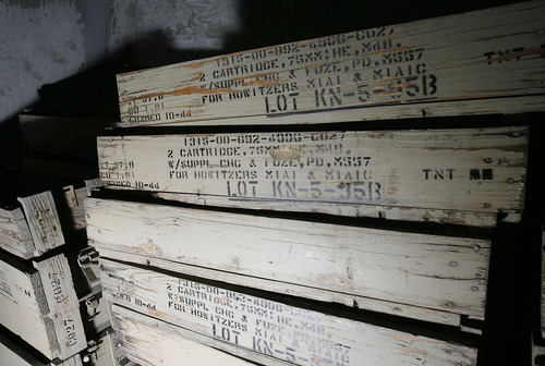 Scott Sommerdorf  |  The Salt Lake Tribune
Boxes that used to hold howitzer shells are stacked up inside Bomb Storage Bunker 49. The Wendover Airfield Museum gave a tour of the secret World War II base facilities which has never been offered before. The tour included rarely open buildings and areas such as: Atomic bomb loading pit Atomic bomb assembly buildings Bomb Storage Bunkers Enlisted Mess hall Aircraft hangars Fire station Enlisted Barracks Norden Bombsight building Officers Mess hall B-29 Enola Gay hangar, Saturday, August 26, 2011.