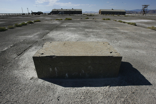 Scott Sommerdorf  |  The Salt Lake Tribune
The concrete slab where components of the bombs that preceeded Little Boy and Fat Man was one of the attractions on a tour of the secret facilities at Wendover Airfield, Saturday, August 26, 2011. The tour has never been offered before. It included rarely open buildings and areas such as: Atomic bomb loading pit Atomic bomb assembly buildings Bomb Storage Bunkers Enlisted Mess hall Aircraft hangars Fire station Enlisted Barracks Norden Bombsight building Officers Mess hall B-29 Enola Gay hangar.