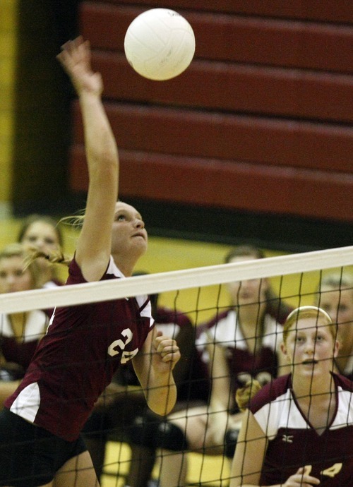 Chris Detrick  |  The Salt Lake Tribune
Viewmont's Jenna Sawatzki (24) spikes the ball during the match at Viewmont High School Tuesday August 23, 2011.