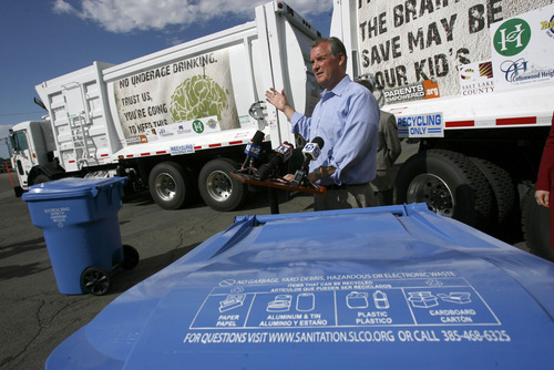 Francisco Kjolseth  |  The Salt Lake Tribune
Salt Lake County Mayor Peter Corroon announces the expansion of the county's curbside-recycling program. Instead of picking up recyclables every other week, the county will do it weekly starting Sept. 1.