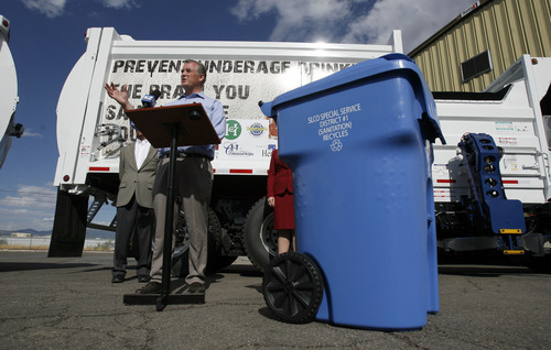 Francisco Kjolseth  |  The Salt Lake Tribune
Salt Lake County Mayor Peter Corroon announces the expansion of the county's curbside-recycling program. Instead of picking up recyclables every other week, the county will do it weekly starting Sept. 1.