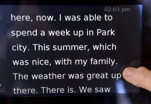 Al Hartmann  |  The Salt Lake Tribune
Close-up of CaptionCall's screen that provides closed captioning technology for telephones for the hard of hearing. It's a special phone with speech recognition technology that captions phone conversations. The conversation can be scrolled up and down to read later after the call is done.