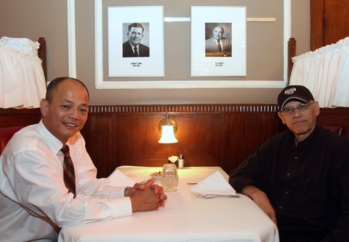 Rick Egan   |  The Salt Lake Tribune

Lamb's new owner, Francis Liong,  sits with John Speros at a booth at Lamb's Grill Cafe, Friday, Aug. 26, 2011. John Speros has sold Lamb's Grill Cafe, Utah's oldest continually operating restaurant.