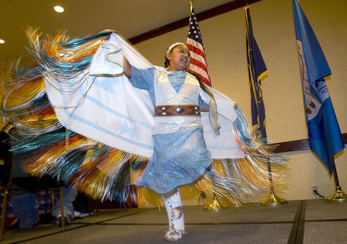 Al Hartmann  |  The Salt Lake Tribune
Tiauna Walker, 10, a member of the Northwestern Band of the Shoshone,  dances for the annual Native American Summit in Salt Lake City on Tuesday.