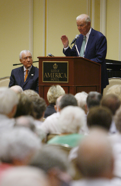 Francisco Kjolseth  |  The Salt Lake Tribune
 James Baker, III, right, former Chief of Staff to Presidents Reagan and George H. W Bush, and former Secretary of the Treasury and Secretary of State speaks to a room full of seniors. The 24th Annual Conference for Seniors, hosted by Senator Orrin and Elaine Hatch gathered at the Little America Hotel in Salt Lake City on Monday, August 29, 2011.