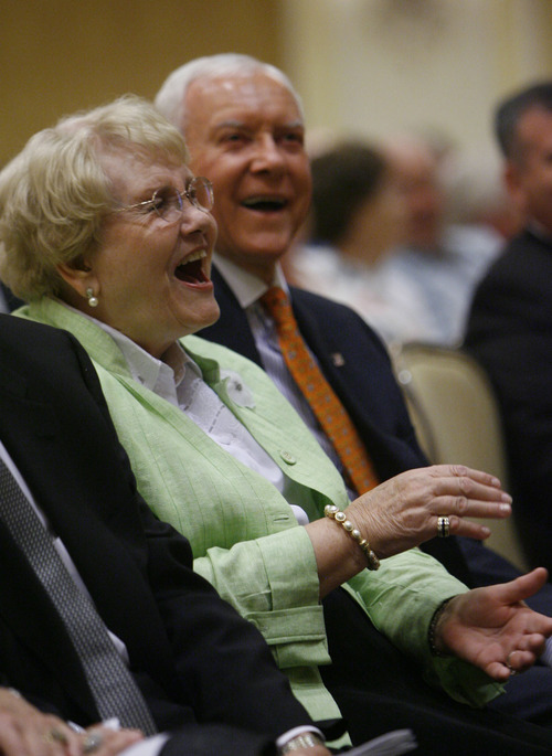 Francisco Kjolseth  |  The Salt Lake Tribune
Senator Orrin and Elaine Hatch laugh at the stories told by entertainer Michael Mclean during the 24th Annual Conference for Seniors, hosted by by the senator and his wife at the Little America Hotel in Salt Lake City on Monday, August 29, 2011. The featured keynote address came from James Baker, III, former Chief of Staff to Presidents Reagan and George H. W Bush, and former Secretary of the Treasury and Secretary of State.