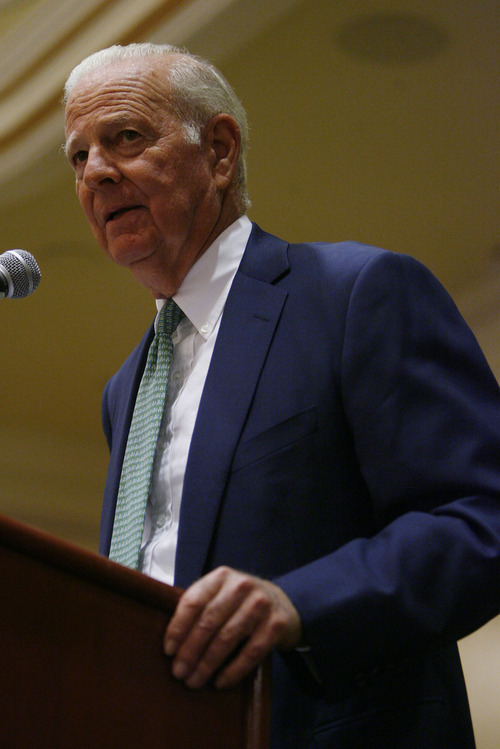 Francisco Kjolseth  |  The Salt Lake Tribune
 James Baker, III, former Chief of Staff to Presidents Reagan and George H. W Bush, and former Secretary of the Treasury and Secretary of State speaks to a room full of seniors. The 24th Annual Conference for Seniors, hosted by Senator Orrin and Elaine Hatch gathered at the Little America Hotel in Salt Lake City on Monday, August 29, 2011.