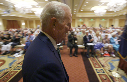 Francisco Kjolseth  |  The Salt Lake Tribune
 James Baker, III, former Chief of Staff to Presidents Reagan and George H. W Bush, and former Secretary of the Treasury and Secretary of State gets ready to speak to a room full of seniors. The 24th Annual Conference for Seniors, hosted by Senator Orrin and Elaine Hatch gathered at the Little America Hotel in Salt Lake City on Monday, August 29, 2011.