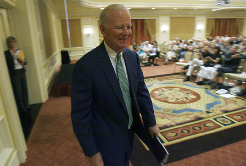 Francisco Kjolseth  |  The Salt Lake Tribune
 James Baker, III, former Chief of Staff to Presidents Reagan and George H. W Bush, and former Secretary of the Treasury and Secretary of State gets ready to speak to a room full of seniors. The 24th Annual Conference for Seniors, hosted by Senator Orrin and Elaine Hatch gathered at the Little America Hotel in Salt Lake City on Monday, August 29, 2011.