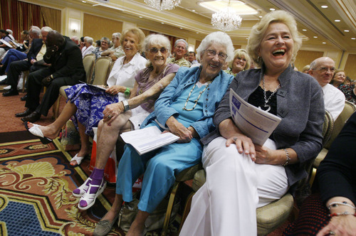 Francisco Kjolseth  |  The Salt Lake Tribune
Laughing at the funny life stories shared by Michael Mclean, Carol Nixon, Margaret Wilson Gwen Larsen and RoseMarie Breinholt, from right, attend the 24th Annual Conference for Seniors, hosted by Senator Orrin and Elaine Hatch gathers at the Little America Hotel in Salt Lake City on Monday, August 29, 2011. The featured keynote address came from James Baker, III, former Chief of Staff to Presidents Reagan and George H. W Bush, and former Secretary of the Treasury and Secretary of State.