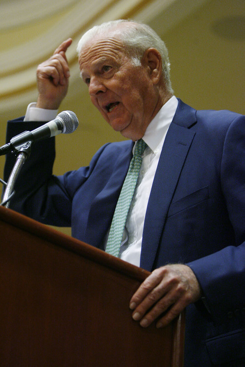 Francisco Kjolseth  |  The Salt Lake Tribune
 James Baker, III, former Chief of Staff to Presidents Reagan and George H. W Bush, and former Secretary of the Treasury and Secretary of State speaks to a room full of seniors as he points to the color of his hair. The 24th Annual Conference for Seniors, hosted by Senator Orrin and Elaine Hatch gathered at the Little America Hotel in Salt Lake City on Monday, August 29, 2011.