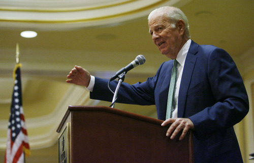 Francisco Kjolseth  |  The Salt Lake Tribune
 James Baker, III, former Chief of Staff to Presidents Reagan and George H. W Bush, and former Secretary of the Treasury and Secretary of State speaks to a room full of seniors. The 24th Annual Conference for Seniors, hosted by Senator Orrin and Elaine Hatch gathered at the Little America Hotel in Salt Lake City on Monday, August 29, 2011.