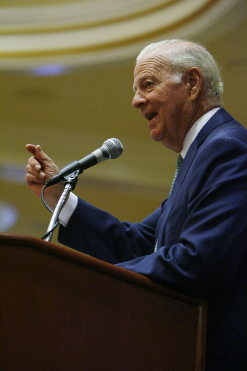 Francisco Kjolseth  |  The Salt Lake Tribune
 James Baker, III, former Chief of Staff to Presidents Reagan and George H. W Bush, and former Secretary of the Treasury and Secretary of State speaks to a room full of seniors. The 24th Annual Conference for Seniors, hosted by Senator Orrin and Elaine Hatch gathered at the Little America Hotel in Salt Lake City on Monday, August 29, 2011.