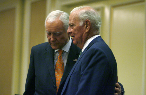 Francisco Kjolseth  |  The Salt Lake Tribune
Senator Orrin Hatch, left, speaks with James Baker, III, former Chief of Staff to Presidents Reagan and George H. W Bush, and former Secretary of the Treasury and Secretary of State before he speaks to a room full of seniors. The 24th Annual Conference for Seniors, hosted by Senator Orrin and Elaine Hatch gathered at the Little America Hotel in Salt Lake City on Monday, August 29, 2011.