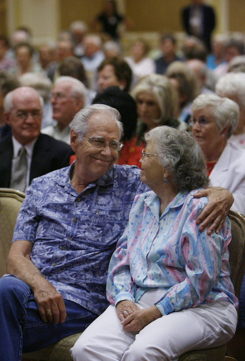 Francisco Kjolseth  |  The Salt Lake Tribune
Prentice and jeanette Alexander enjoy each others company as they listen to entertainer Michael Mclean during the 24th Annual Conference for Seniors, hosted by Senator Orrin and Elaine Hatch gathers at the Little America Hotel in Salt Lake City on Monday, August 29, 2011. The featured keynote address came from James Baker, III, former Chief of Staff to Presidents Reagan and George H. W Bush, and former Secretary of the Treasury and Secretary of State.