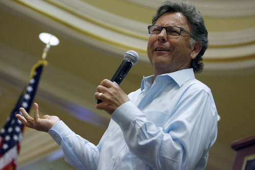 Francisco Kjolseth  |  The Salt Lake Tribune
Entertainer Michael Mclean delights the crowd gathered for the 24th Annual Conference for Seniors, hosted by Senator Orrin and Elaine Hatch gathers at the Little America Hotel in Salt Lake City on Monday, August 29, 2011. The featured keynote address came from James Baker, III, former Chief of Staff to Presidents Reagan and George H. W Bush, and former Secretary of the Treasury and Secretary of State.