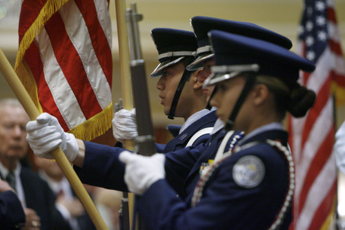 Francisco Kjolseth  |  The Salt Lake Tribune
The Northridge High Jr. ROTC presents the colors during the 24th Annual Conference for Seniors, hosted by Senator Orrin and Elaine Hatch gathers at the Little America Hotel in Salt Lake City on Monday, August 29, 2011. The featured keynote address came from James Baker, III, former Chief of Staff to Presidents Reagan and George H. W Bush, and former Secretary of the Treasury and Secretary of State.