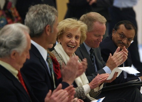 Steve Griffin  |  The Salt Lake Tribune

Beverley Taylor Sorenson, center, applauds with her son Jim Sorenson, second from right, as all of the major donors to The Leonardo are acknowledged during a move-in day event at The Leonardo in Salt Lake City on Monday, April 25, 2011.  The Sorenson Legacy Foundation is a major donor to The Leodnardo.