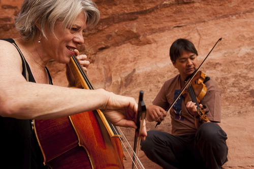 Tanya Tomkins and Ian Swensen warming up before their performance in a Grotto Concert at the Moab Music Festival on Sunday, Sept. 4, 2011.
Neal Herbert  |  Special to the Tribune