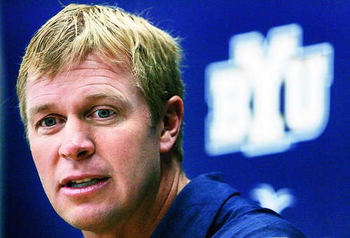 Steve Griffin  |  The Salt Lake Tribune

BYU head football coach Bronco Mendenhall talks to the media during his weekly press conference at the Student-Athlete Building on the BYU campus in Provo on Monday, Oct. 4, 2010.