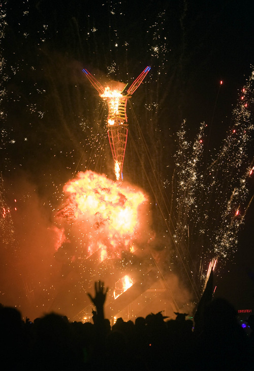 Rick Egan  | The Salt Lake Tribune 

The Burning Man explodes into flames, at in the Black Rock desert in Nevada, Saturday night, Sept. 3, 2011. More than 50,000 revelers met in the Nevada desert to celebrate the annual Burning Man Festival. This year marked the 25-year anniversary.