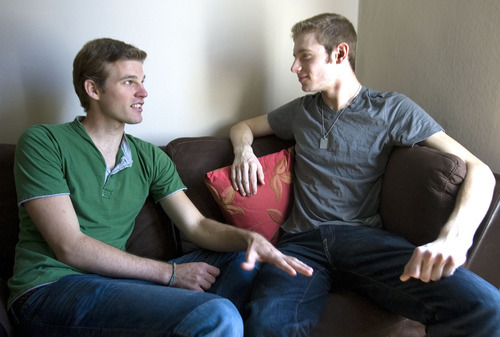 Paul Fraughton  |  The Salt Lake Tribune  
Eric Hamren, left, and his partner, Jakob Crawford, are one of the 1,290 same sex couples living in Salt Lake City.
  Friday, September 2, 2011