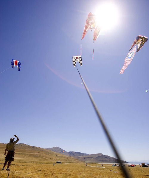 Trent Nelson  |  The Salt Lake Tribune
Kevin Reynolds came from Rochester, N.Y., to fly kites on Antelope Island. A variety of large and small kites were flying during the Stampede Festival at Antelope Island on Saturday.