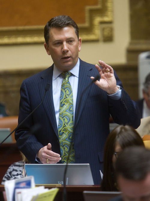 AL HARTMANN  |  The Salt Lake Tribune 
Rep. Stephen Sandstrom, R-Orem, stands Friday for the two-hour debate over his enforcement-only immigration bill. The measure, after being amended for the second time in two weeks passed the House overwhelmingly, 58-15. It now goes to the Senate.