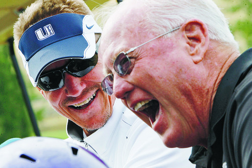 Francisco Kjolseth  |  The Salt Lake Tribune
Gary Andersen, left, and Ron McBride, the head coaches at Utah State and Weber State, respectively, get together for a brief interview at Eagle Mountain Golf Course in Brigham City on Tuesday, September 6, 2011 as they joke around about old times. The two have been career friends, and McBride has served as Andersen's mentor and also sees him as a father figure.