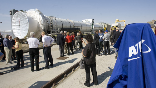 Al Hartmann  |  The Salt Lake Tribune 
Media, ATK and NASA officials tour the DM-3 rocket motor at ATK's  Promontory facility west of Brigham City on Thursday, Sept. 8. The static test fire is scheduled for 2 p.m.