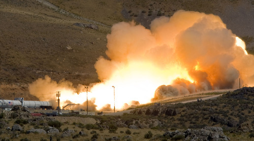 Al Hartmann  |  The Salt Lake Tribune 
ATK test fires a DM-3 rocket motor at ATK's  Promontory facility west of Brigham City Thursday September 8 at 2 p.m.