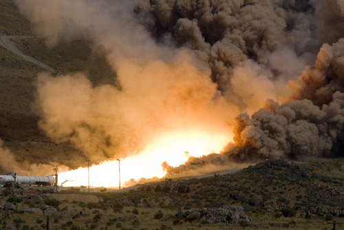 Al Hartmann  |  The Salt Lake Tribune 
ATK test fires a DM-3 rocket motor at ATK's  Promontory facility west of Brigham City Thursday September 8 at 2 p.m.