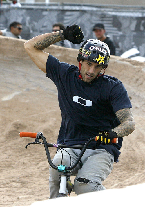 Scott Sommerdorf  |  The Salt Lake Tribune             
Luke Parslow of Riverside, Australia is happy with his run in the Dew Tour BMX Dirt heats one and two, Friday, September 9, 2011.