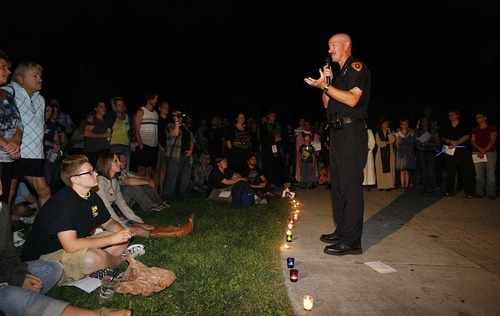 Trent Nelson  |  The Salt Lake Tribune
Salt Lake City Police Chief Chris Burbank speaks at a fireside vigil on Friday at Liberty Park. The vigil was in response to three assaults against gay men that have been reported in the past two weeks in Utah.
