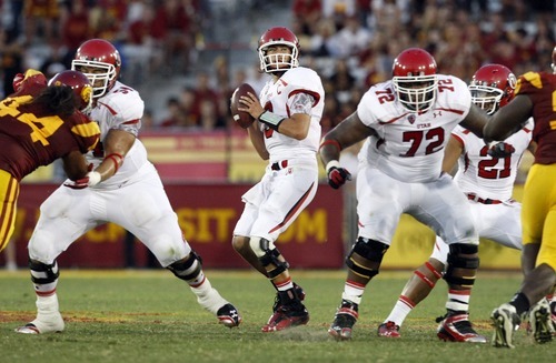 Chris Detrick  |  The Salt Lake Tribune
Utah Utes quarterback Jordan Wynn (3) looks to pass the ball during the second half of the game at the Los Angeles Memorial Coliseum Saturday September 10, 2011.